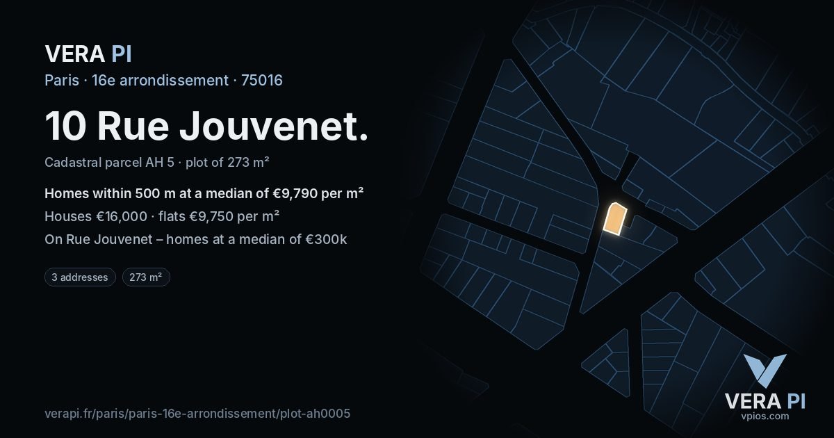 10 Rue Jouvenet, 16e arrondissement at night – the plot lit, the parcels around coloured by the prices near them