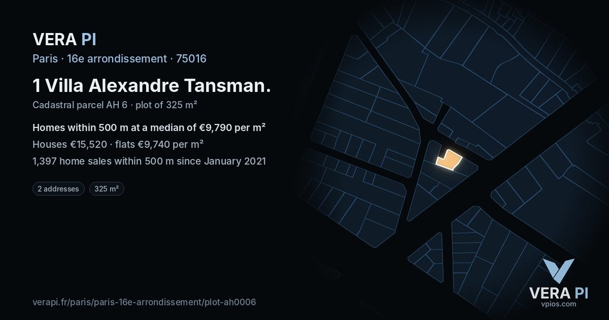 1 Villa Alexandre Tansman, 16e arrondissement at night – the plot lit, the parcels around coloured by the prices near them