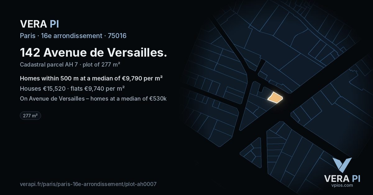 142 Avenue de Versailles, 16e arrondissement at night – the plot lit, the parcels around coloured by the prices near them