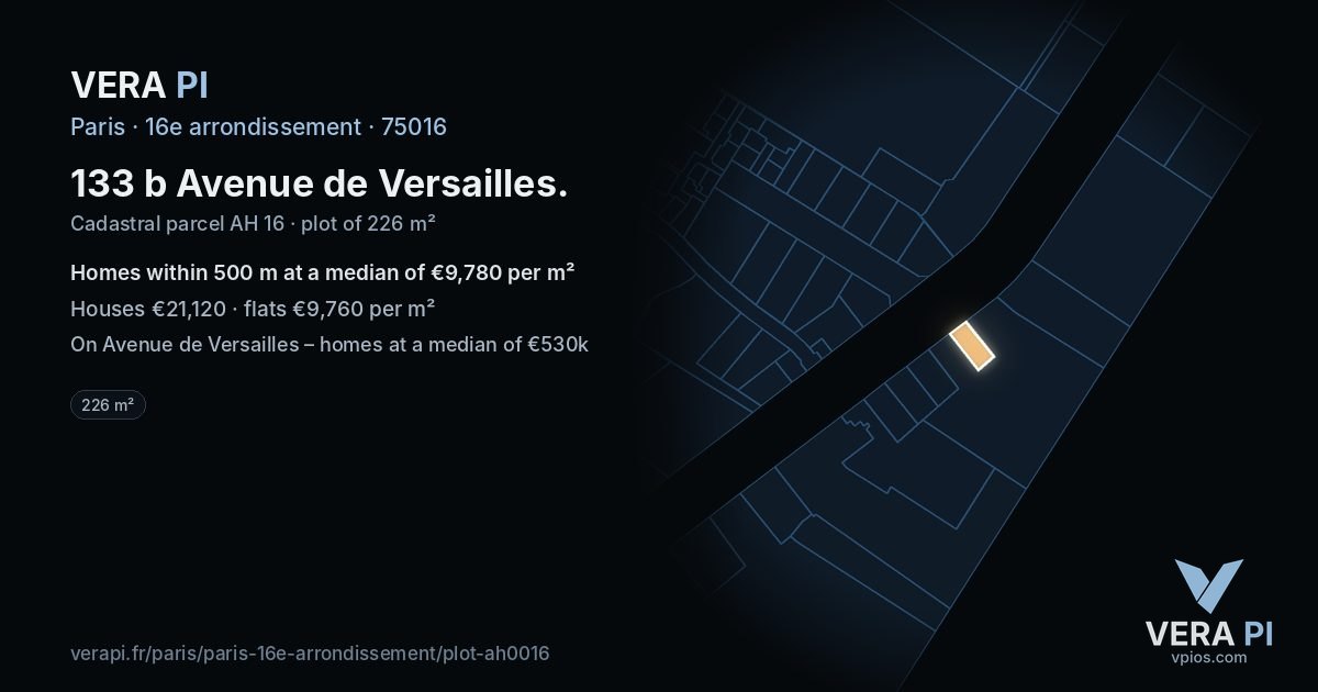 133 b Avenue de Versailles, 16e arrondissement at night – the plot lit, the parcels around coloured by the prices near them