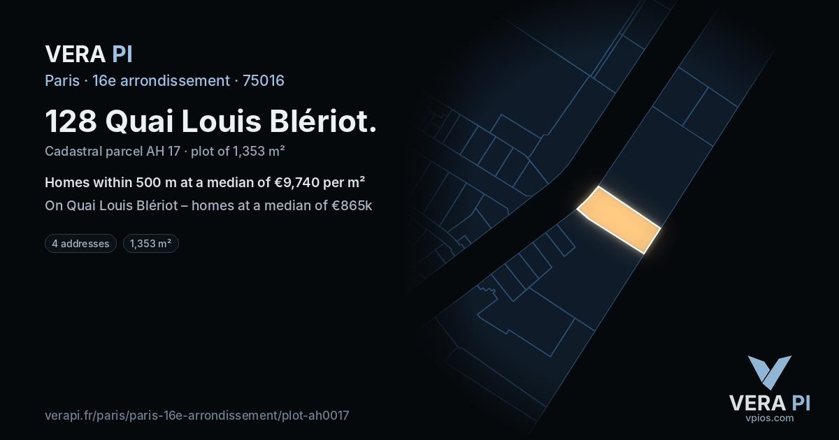 128 Quai Louis Blériot, 16e arrondissement at night – the plot lit, the parcels around coloured by the prices near them