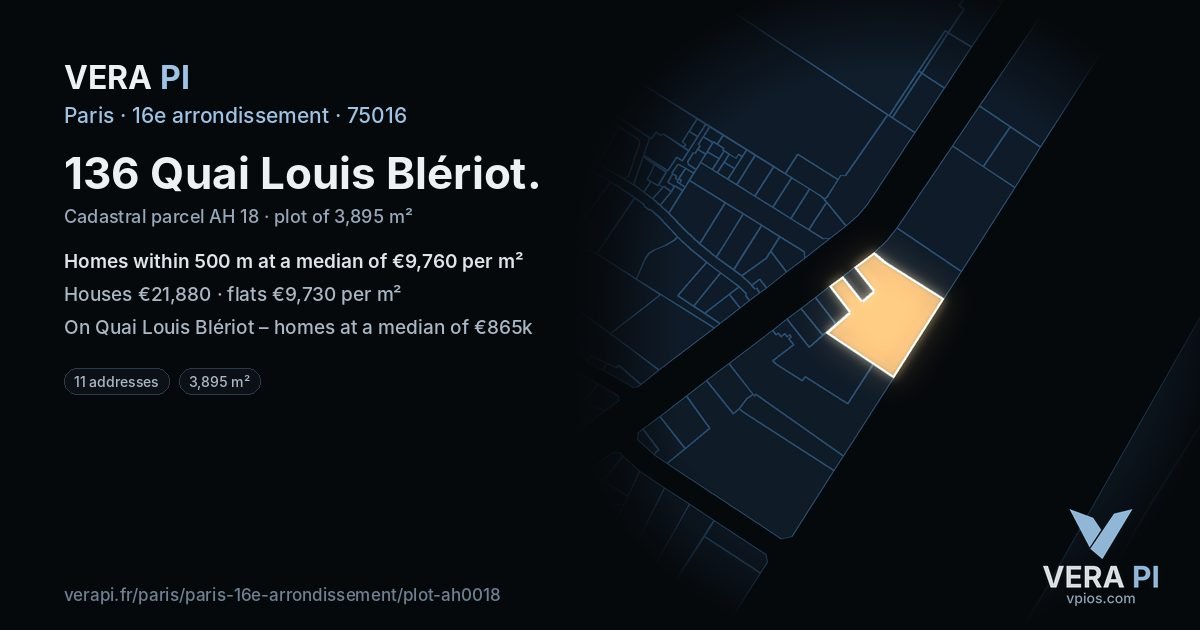 136 Quai Louis Blériot, 16e arrondissement at night – the plot lit, the parcels around coloured by the prices near them