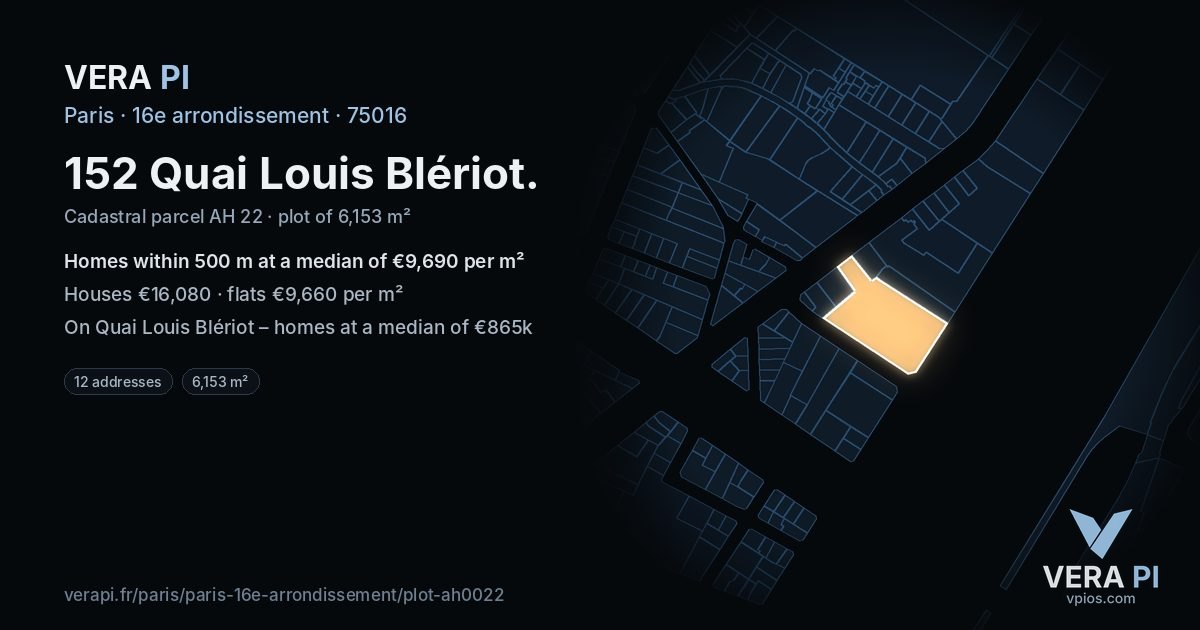 152 Quai Louis Blériot, 16e arrondissement at night – the plot lit, the parcels around coloured by the prices near them