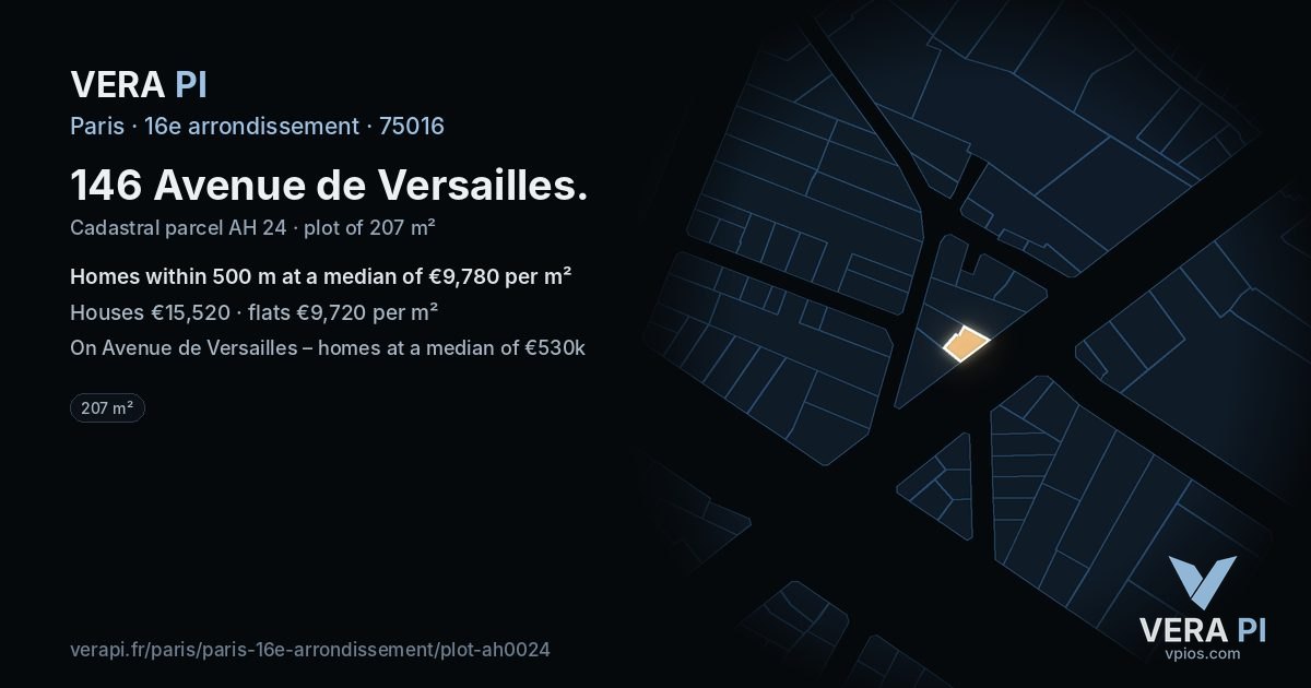 146 Avenue de Versailles, 16e arrondissement at night – the plot lit, the parcels around coloured by the prices near them