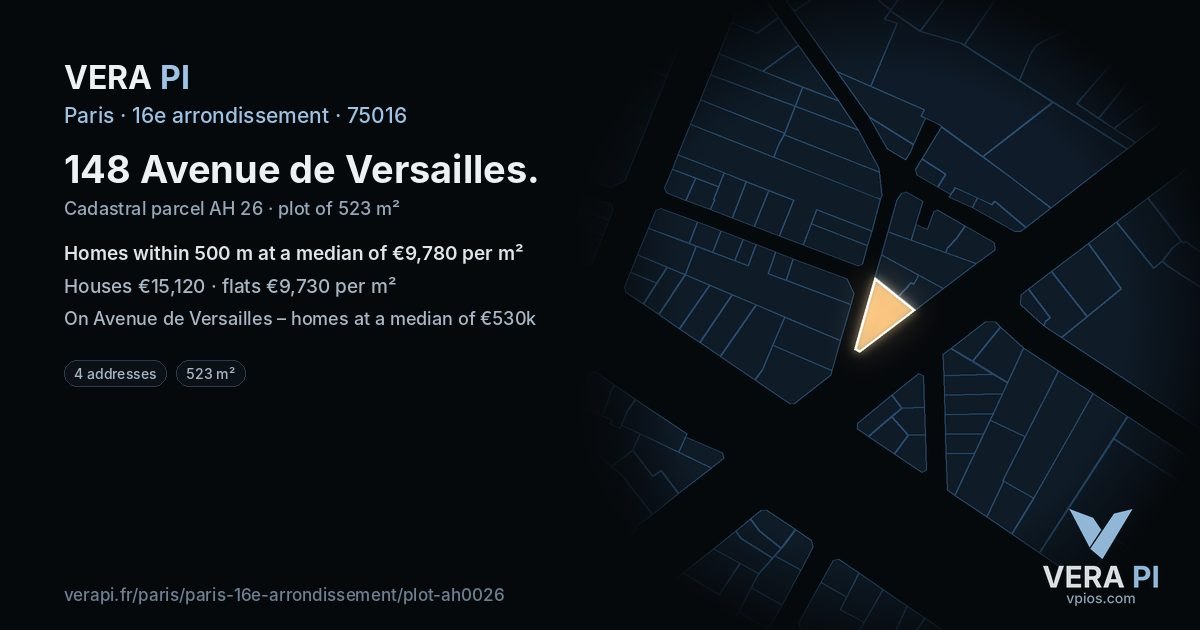 148 Avenue de Versailles, 16e arrondissement at night – the plot lit, the parcels around coloured by the prices near them