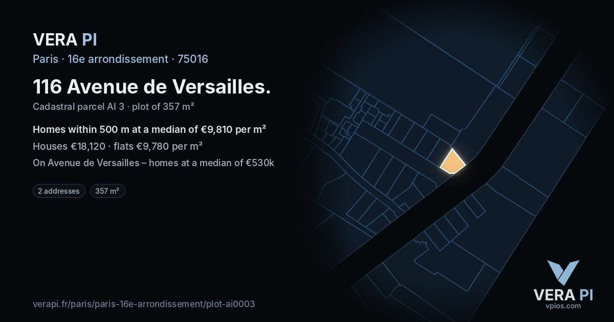 116 Avenue de Versailles, 16e arrondissement at night – the plot lit, the parcels around coloured by the prices near them