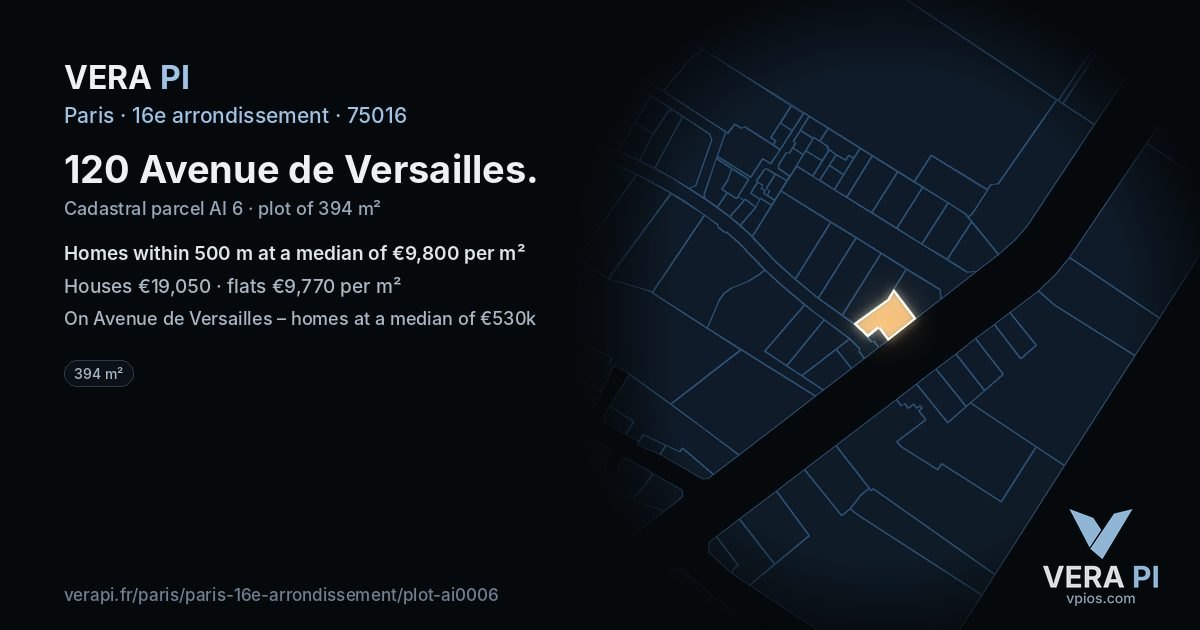 120 Avenue de Versailles, 16e arrondissement at night – the plot lit, the parcels around coloured by the prices near them