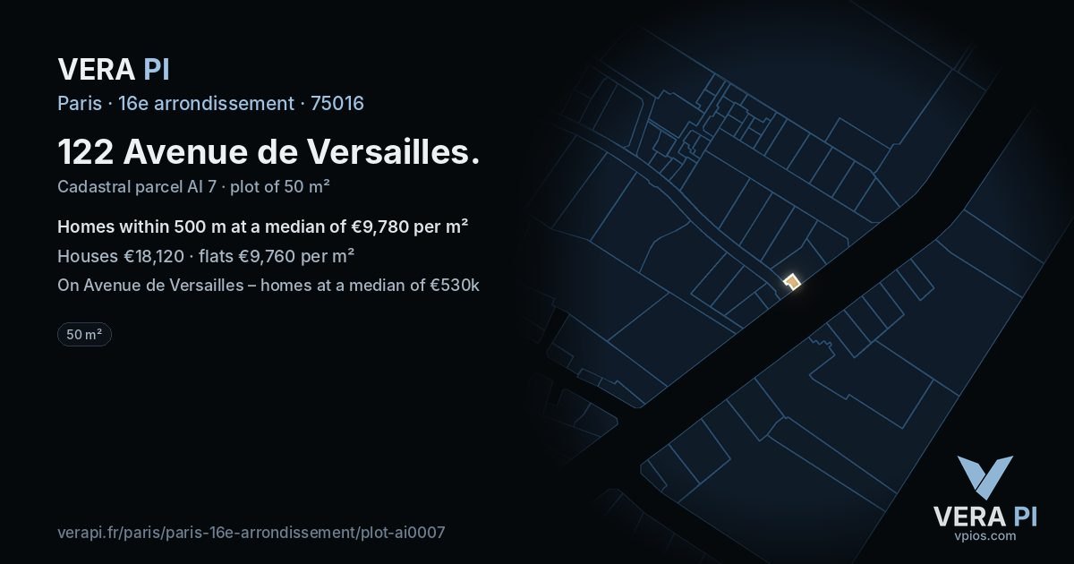 122 Avenue de Versailles, 16e arrondissement at night – the plot lit, the parcels around coloured by the prices near them