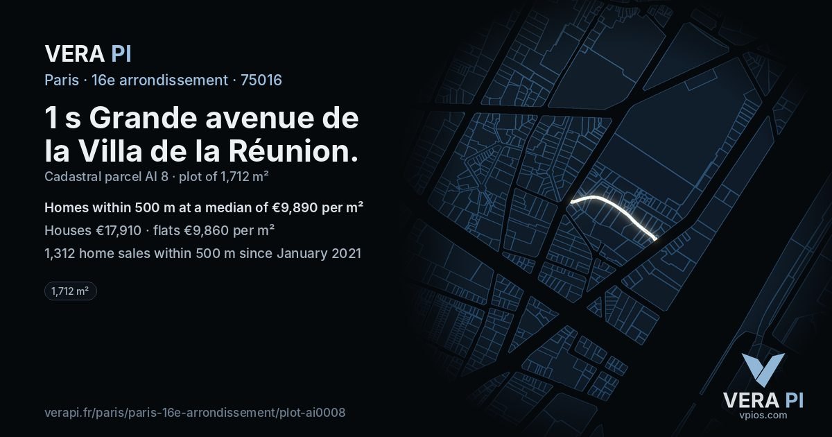 1 s Grande avenue de la Villa de la Réunion, 16e arrondissement at night – the plot lit, the parcels around coloured by the prices near them