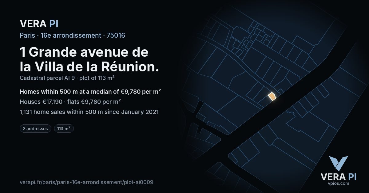 1 Grande avenue de la Villa de la Réunion, 16e arrondissement at night – the plot lit, the parcels around coloured by the prices near them