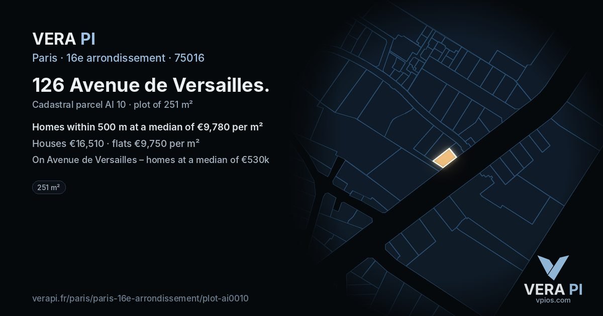 126 Avenue de Versailles, 16e arrondissement at night – the plot lit, the parcels around coloured by the prices near them