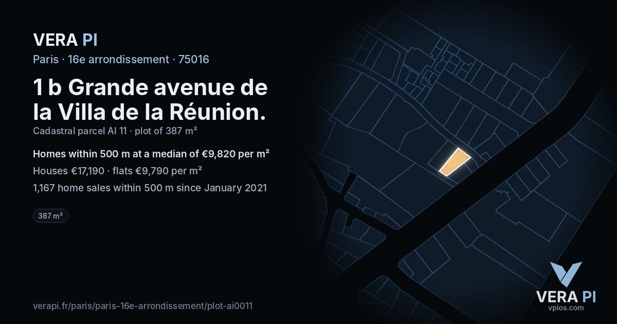 1 b Grande avenue de la Villa de la Réunion, 16e arrondissement at night – the plot lit, the parcels around coloured by the prices near them
