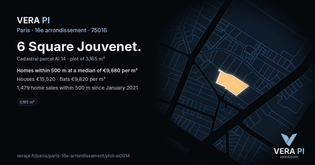 6 Square Jouvenet, 16e arrondissement at night – the plot lit, the parcels around coloured by the prices near them