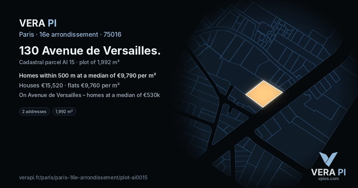 130 Avenue de Versailles, 16e arrondissement at night – the plot lit, the parcels around coloured by the prices near them