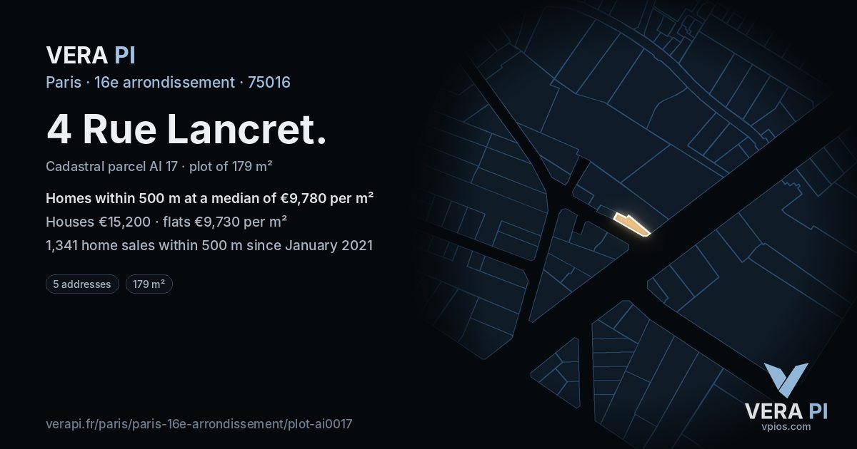 4 Rue Lancret, 16e arrondissement at night – the plot lit, the parcels around coloured by the prices near them