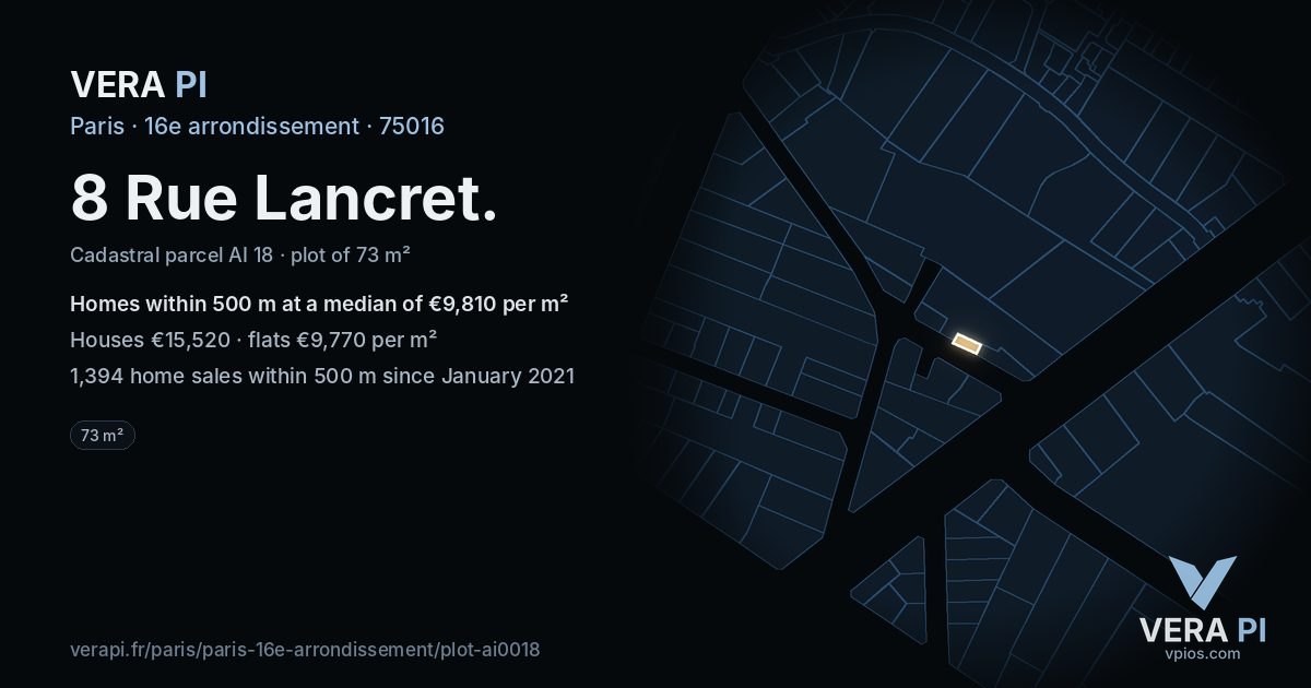 8 Rue Lancret, 16e arrondissement at night – the plot lit, the parcels around coloured by the prices near them