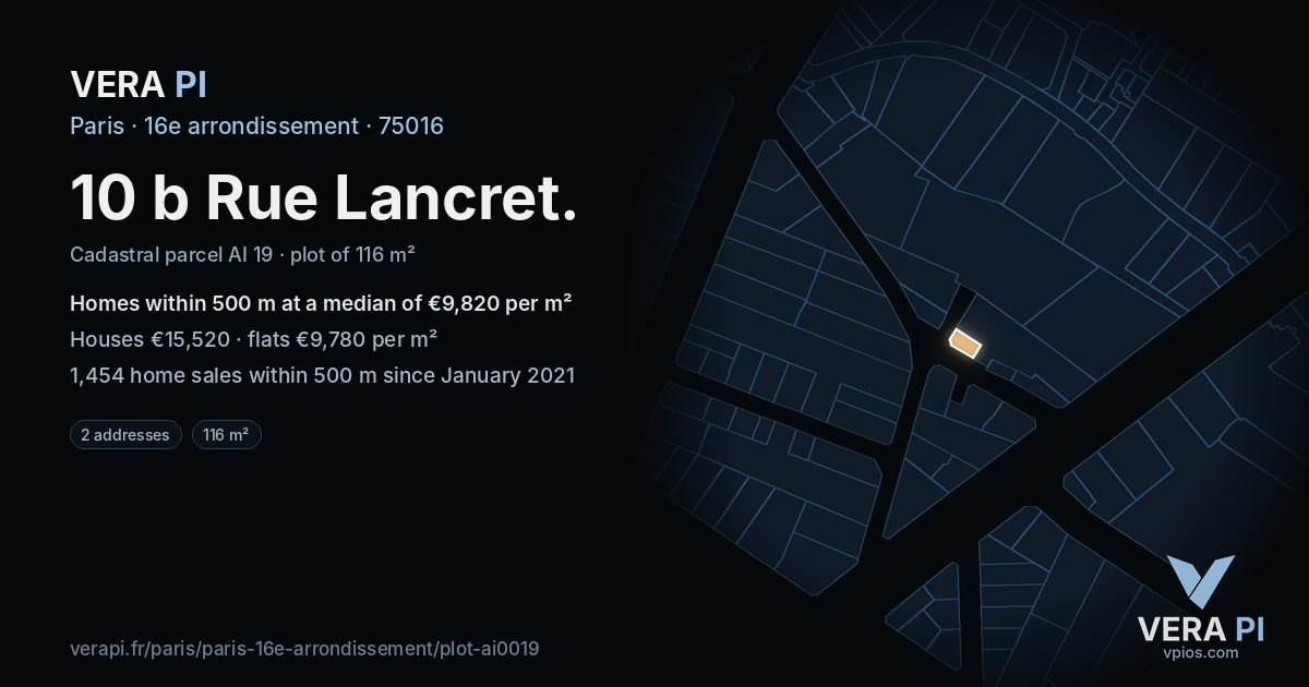 10 b Rue Lancret, 16e arrondissement at night – the plot lit, the parcels around coloured by the prices near them