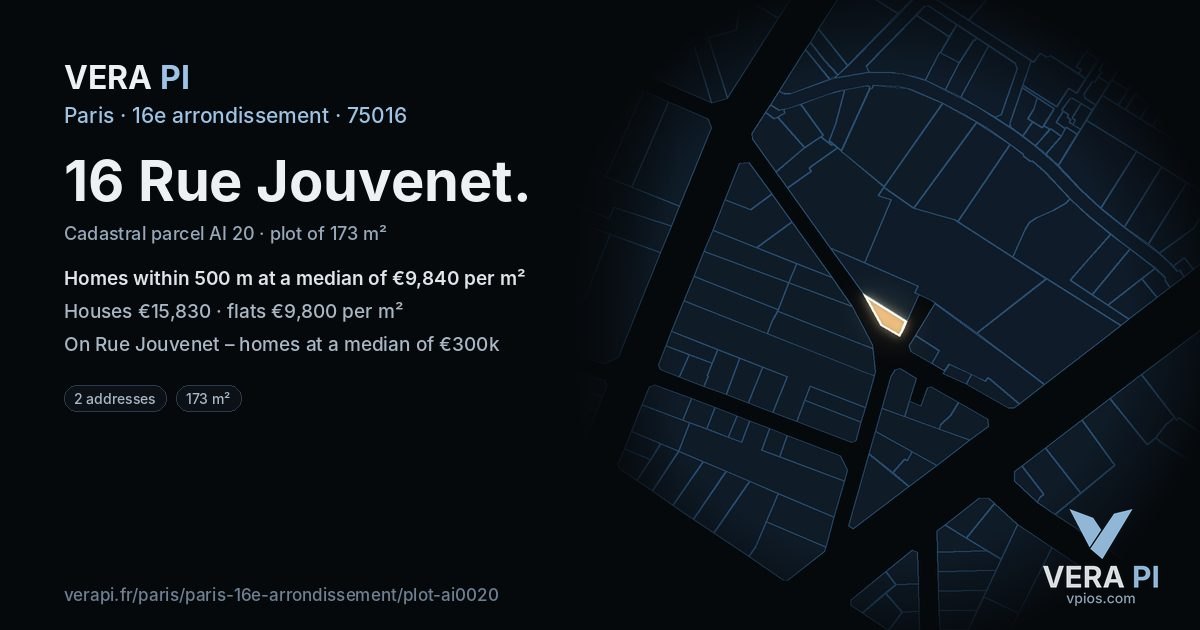 16 Rue Jouvenet, 16e arrondissement at night – the plot lit, the parcels around coloured by the prices near them