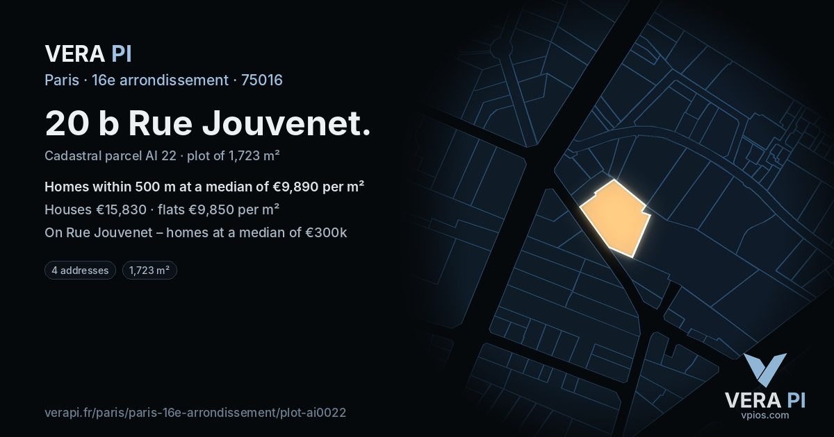 20 b Rue Jouvenet, 16e arrondissement at night – the plot lit, the parcels around coloured by the prices near them