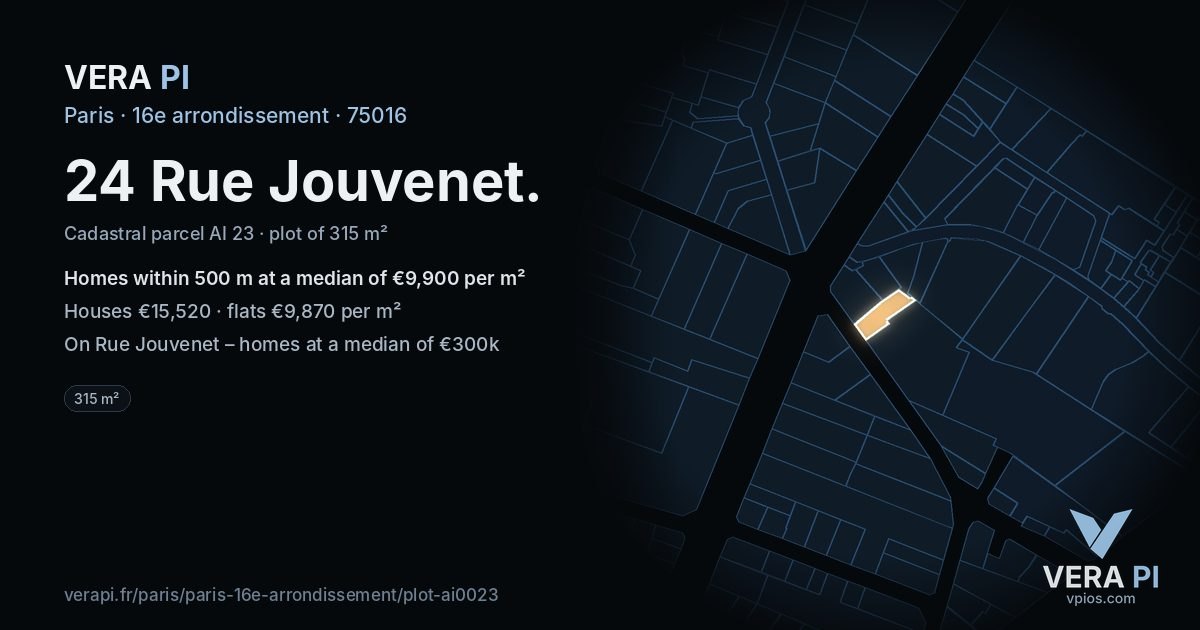 24 Rue Jouvenet, 16e arrondissement at night – the plot lit, the parcels around coloured by the prices near them