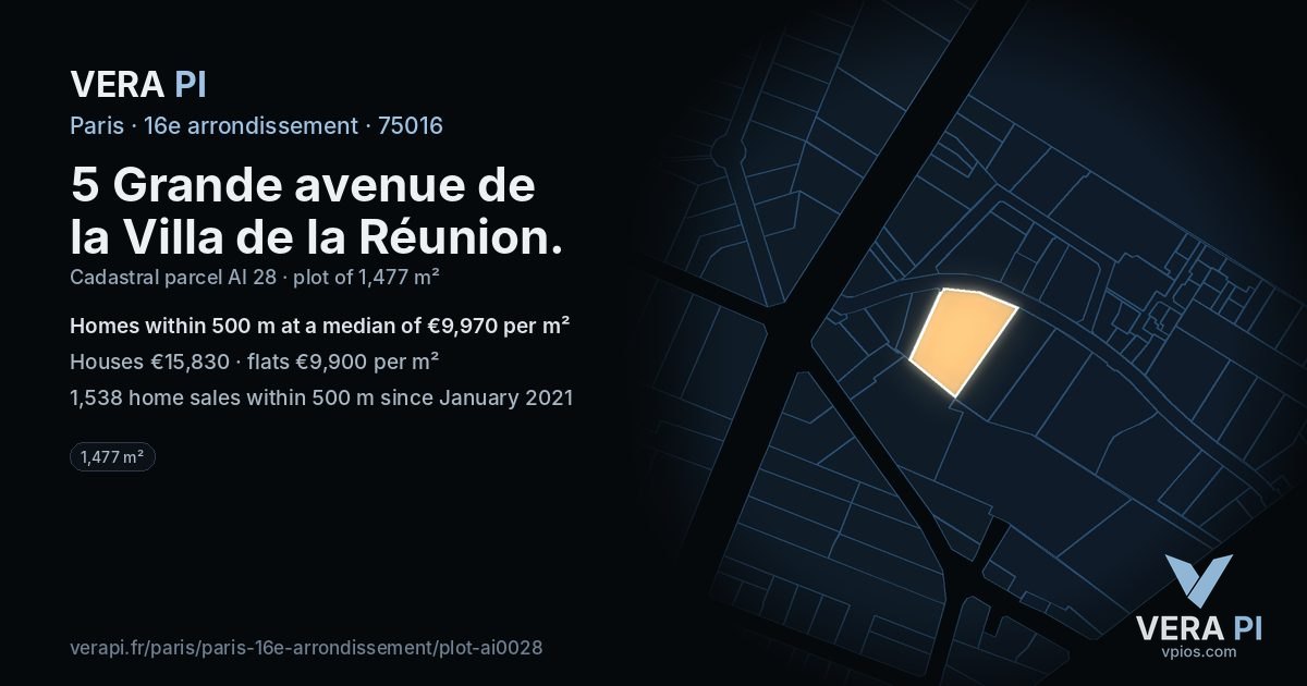 5 Grande avenue de la Villa de la Réunion, 16e arrondissement at night – the plot lit, the parcels around coloured by the prices near them