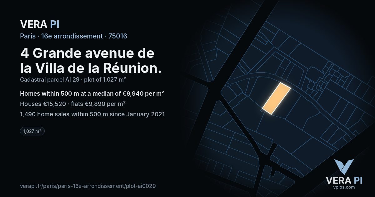 4 Grande avenue de la Villa de la Réunion, 16e arrondissement at night – the plot lit, the parcels around coloured by the prices near them