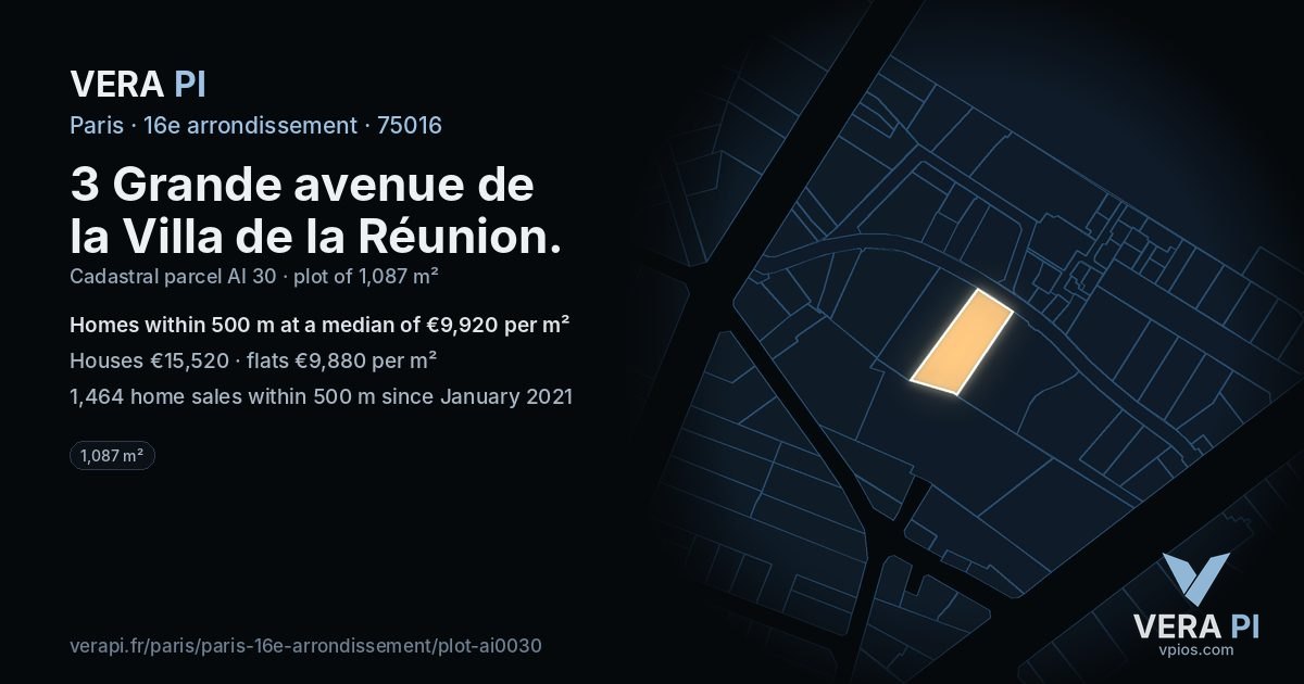 3 Grande avenue de la Villa de la Réunion, 16e arrondissement at night – the plot lit, the parcels around coloured by the prices near them