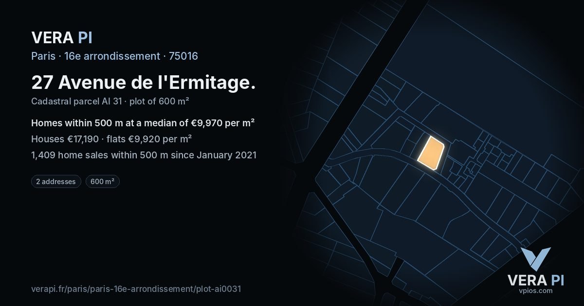 27 Avenue de l'Ermitage, 16e arrondissement at night – the plot lit, the parcels around coloured by the prices near them