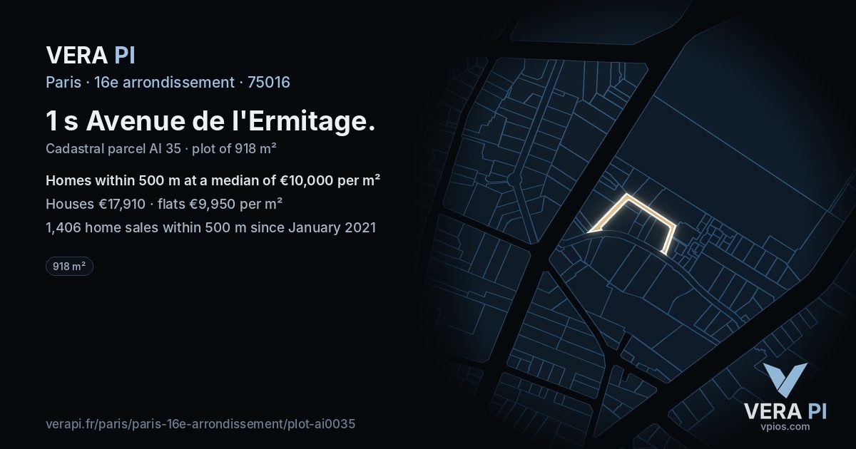 1 s Avenue de l'Ermitage, 16e arrondissement at night – the plot lit, the parcels around coloured by the prices near them