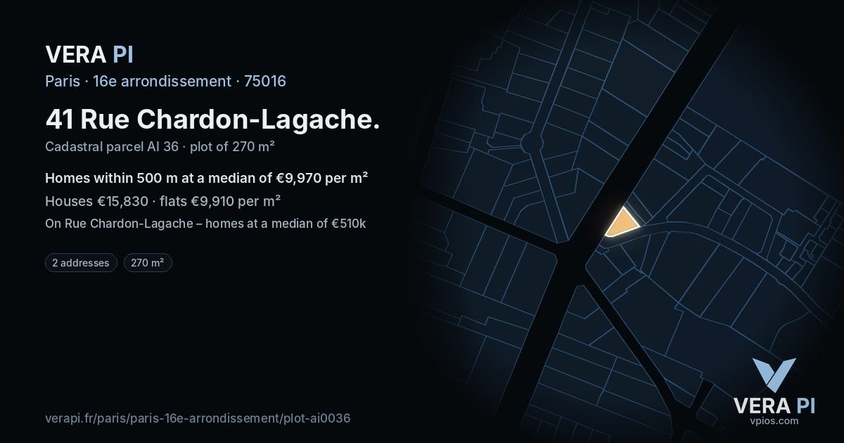 41 Rue Chardon-Lagache, 16e arrondissement at night – the plot lit, the parcels around coloured by the prices near them