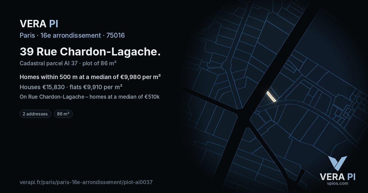 39 Rue Chardon-Lagache, 16e arrondissement at night – the plot lit, the parcels around coloured by the prices near them