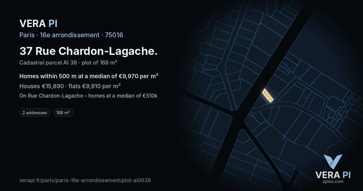 37 Rue Chardon-Lagache, 16e arrondissement at night – the plot lit, the parcels around coloured by the prices near them