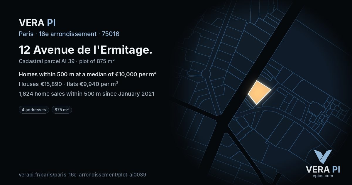 12 Avenue de l'Ermitage, 16e arrondissement at night – the plot lit, the parcels around coloured by the prices near them