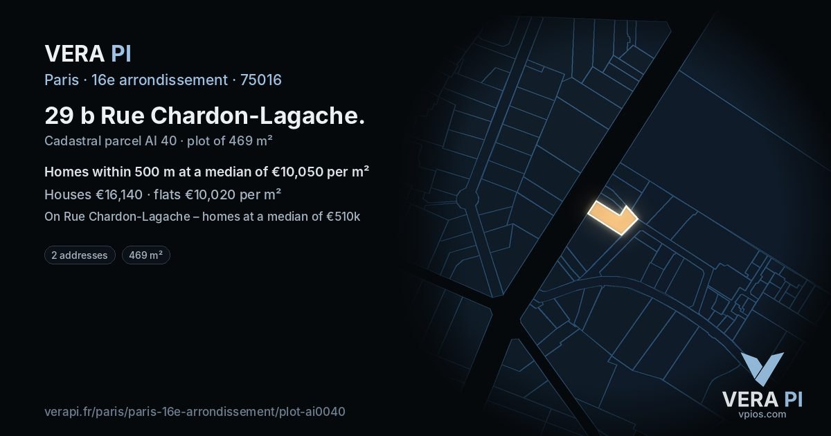 29 b Rue Chardon-Lagache, 16e arrondissement at night – the plot lit, the parcels around coloured by the prices near them