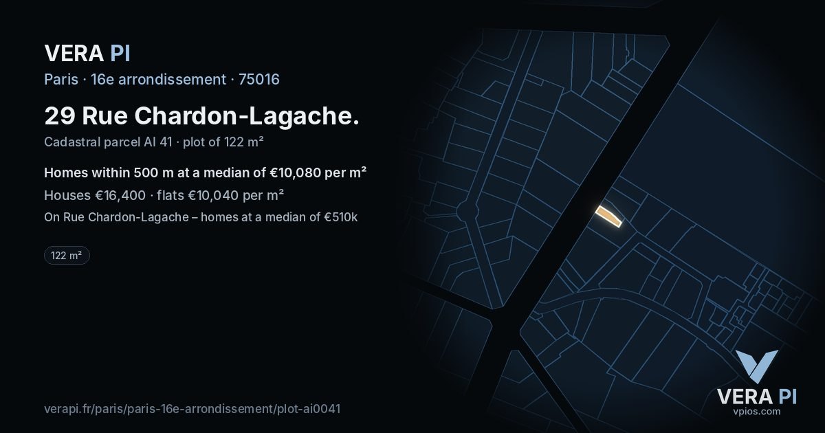 29 Rue Chardon-Lagache, 16e arrondissement at night – the plot lit, the parcels around coloured by the prices near them