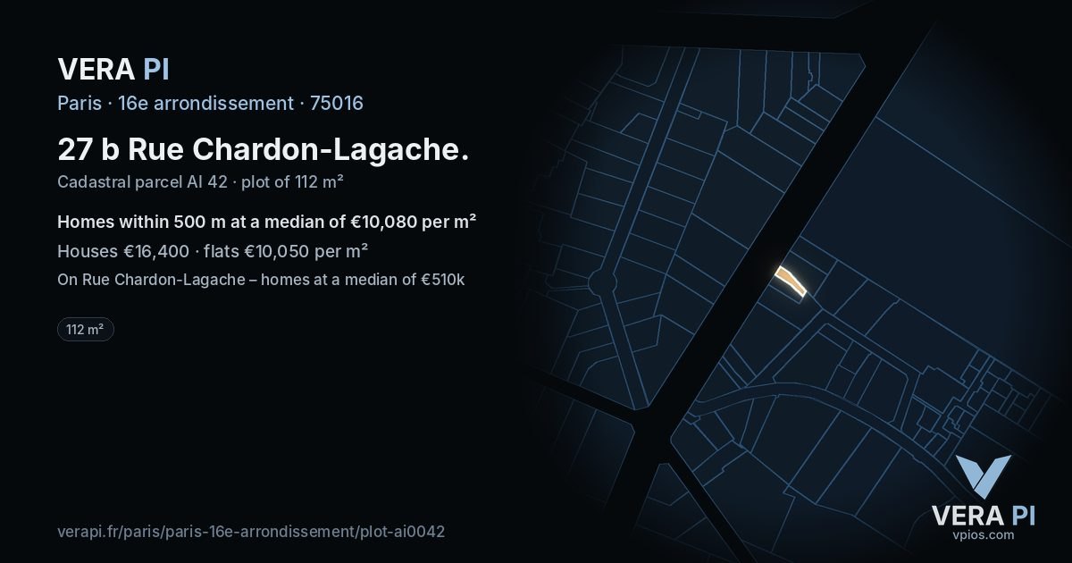 27 b Rue Chardon-Lagache, 16e arrondissement at night – the plot lit, the parcels around coloured by the prices near them