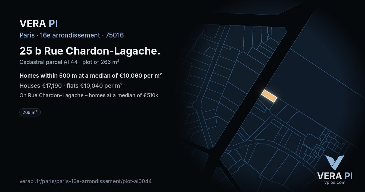 25 b Rue Chardon-Lagache, 16e arrondissement at night – the plot lit, the parcels around coloured by the prices near them