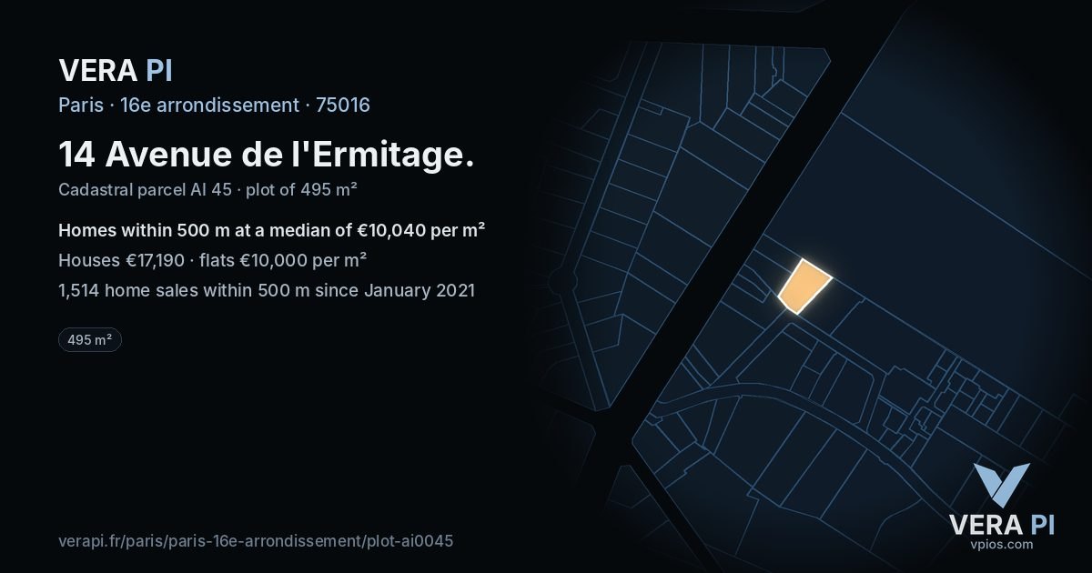 14 Avenue de l'Ermitage, 16e arrondissement at night – the plot lit, the parcels around coloured by the prices near them