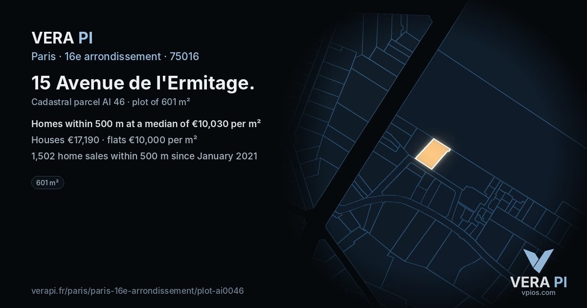 15 Avenue de l'Ermitage, 16e arrondissement at night – the plot lit, the parcels around coloured by the prices near them