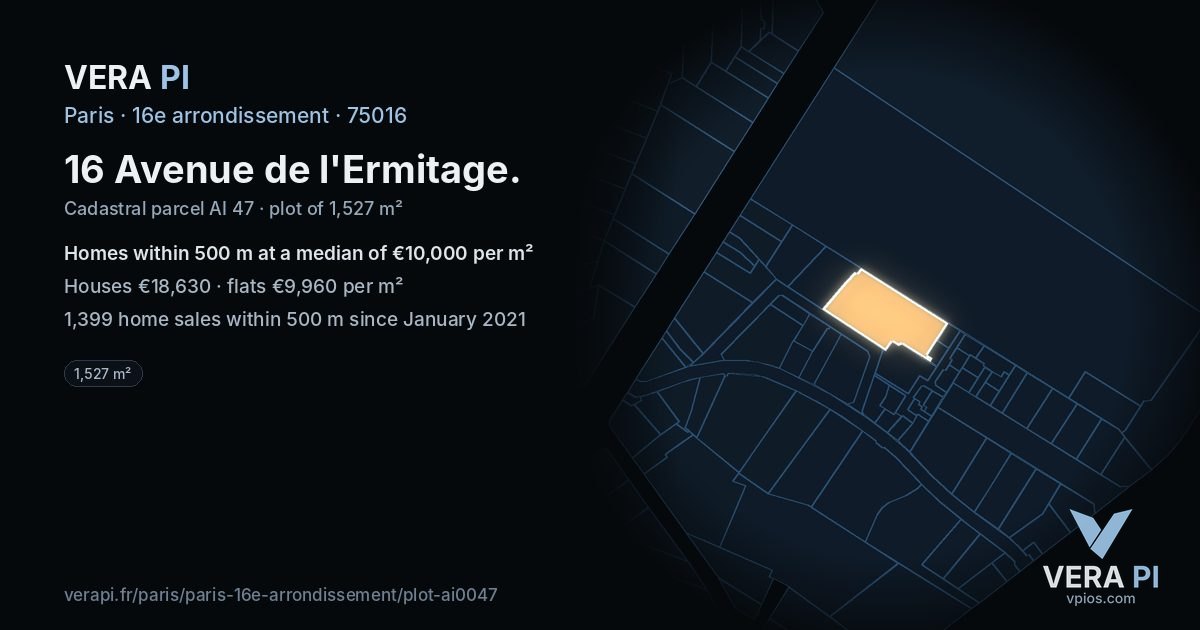 16 Avenue de l'Ermitage, 16e arrondissement at night – the plot lit, the parcels around coloured by the prices near them