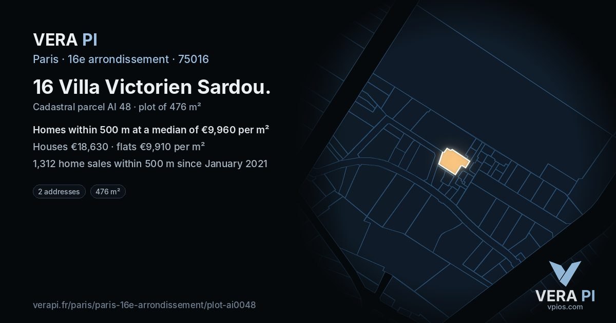 16 Villa Victorien Sardou, 16e arrondissement at night – the plot lit, the parcels around coloured by the prices near them
