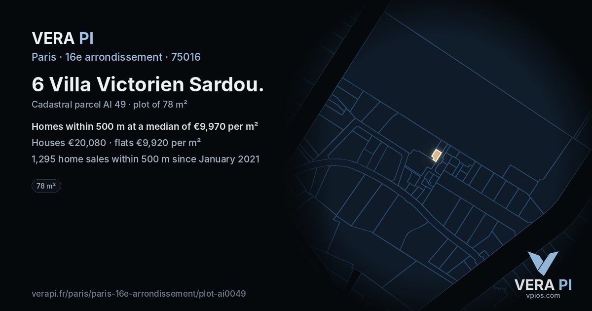 6 Villa Victorien Sardou, 16e arrondissement at night – the plot lit, the parcels around coloured by the prices near them