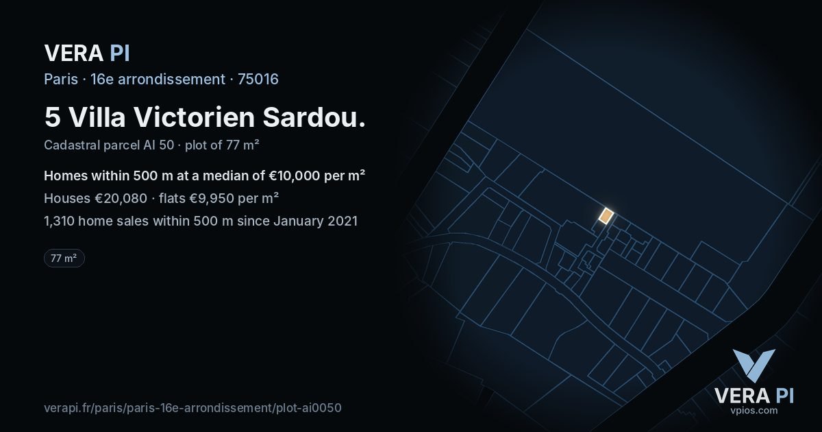 5 Villa Victorien Sardou, 16e arrondissement at night – the plot lit, the parcels around coloured by the prices near them