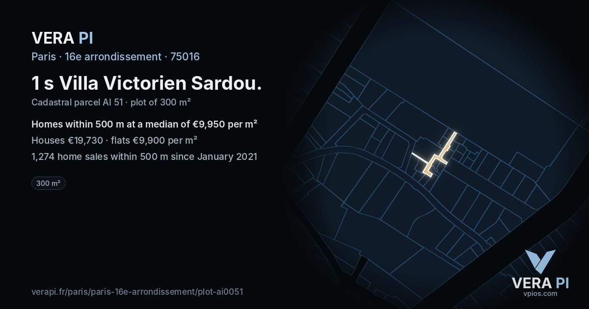1 s Villa Victorien Sardou, 16e arrondissement at night – the plot lit, the parcels around coloured by the prices near them