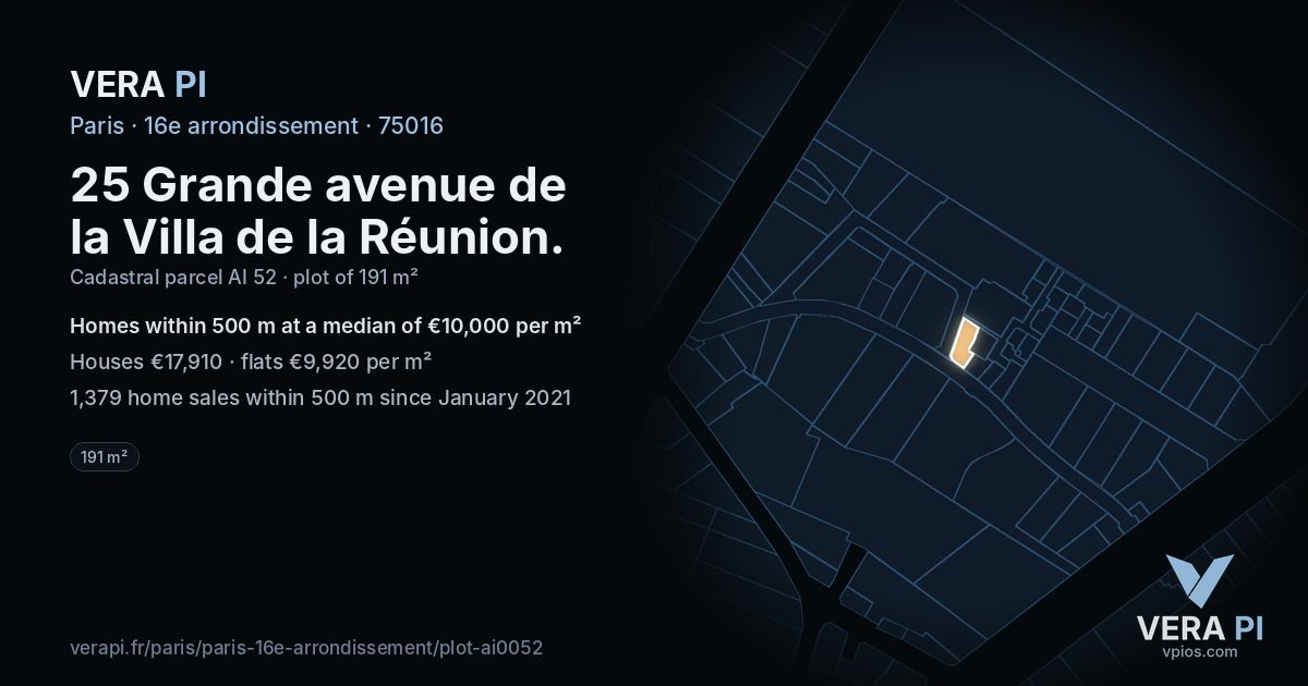 25 Grande avenue de la Villa de la Réunion, 16e arrondissement at night – the plot lit, the parcels around coloured by the prices near them
