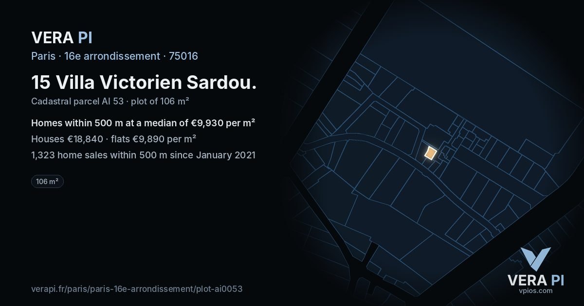 15 Villa Victorien Sardou, 16e arrondissement at night – the plot lit, the parcels around coloured by the prices near them