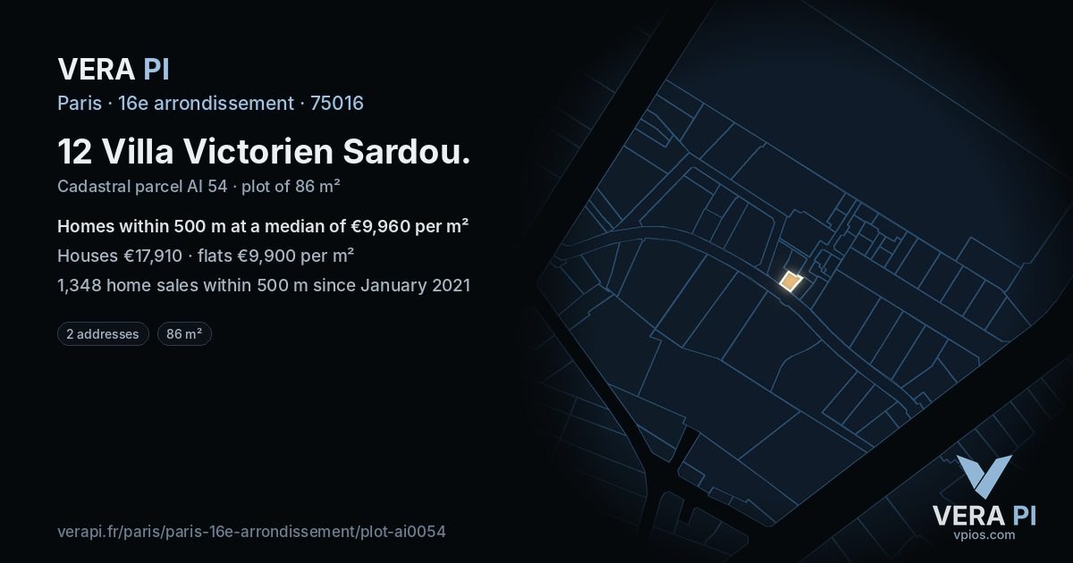 12 Villa Victorien Sardou, 16e arrondissement at night – the plot lit, the parcels around coloured by the prices near them