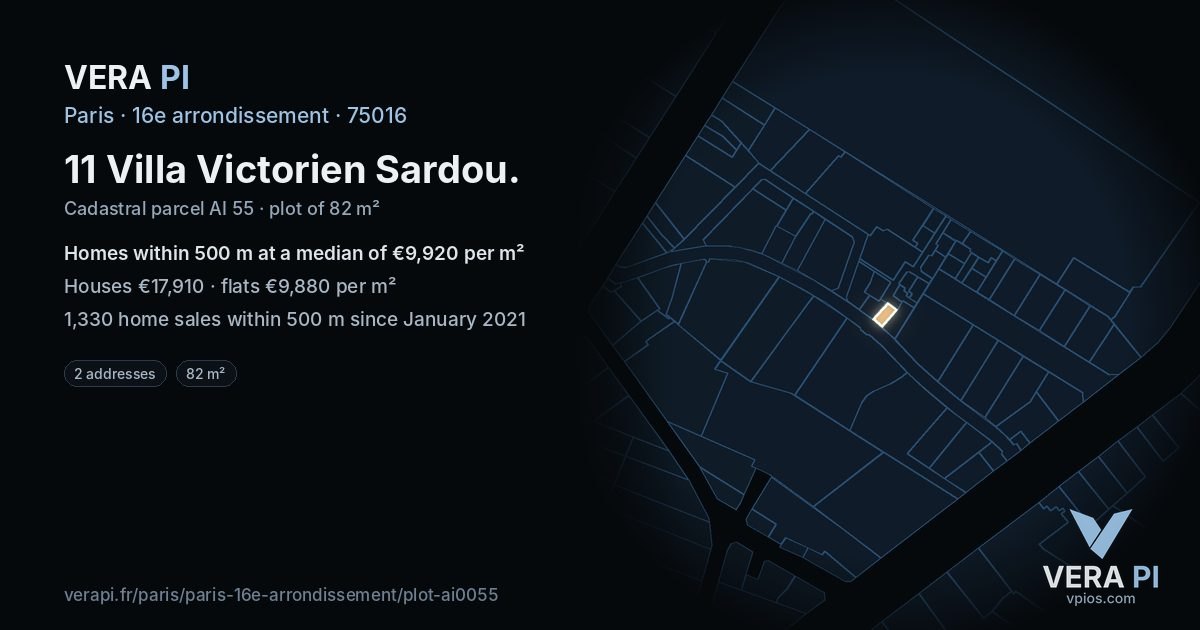 11 Villa Victorien Sardou, 16e arrondissement at night – the plot lit, the parcels around coloured by the prices near them