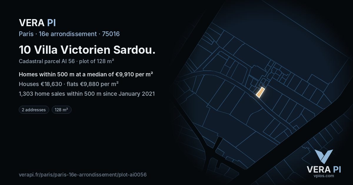 10 Villa Victorien Sardou, 16e arrondissement at night – the plot lit, the parcels around coloured by the prices near them