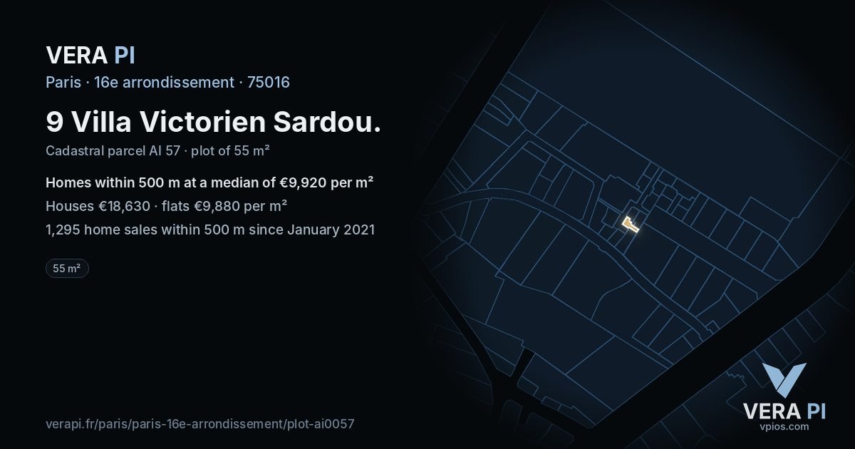 9 Villa Victorien Sardou, 16e arrondissement at night – the plot lit, the parcels around coloured by the prices near them